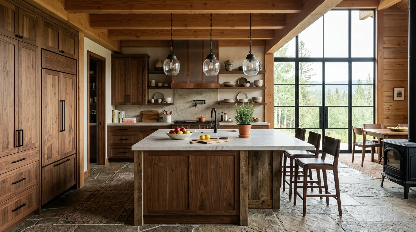 Use matte black accents for added depth inspiration for a walnut kitchen.